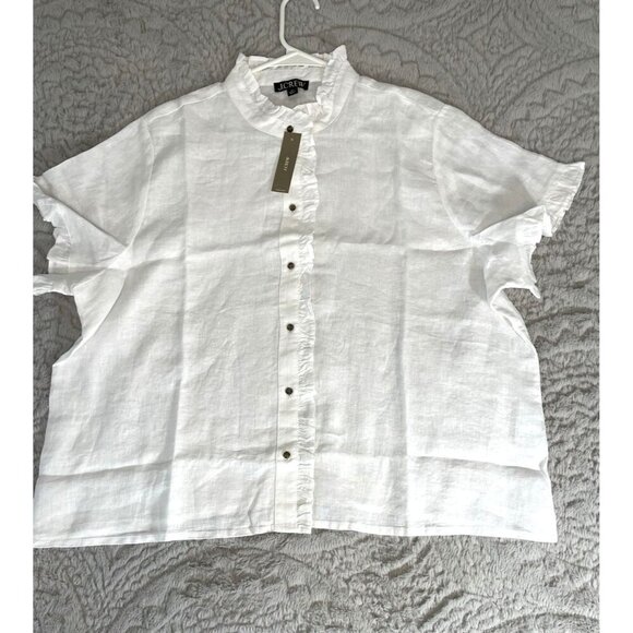J. Crew White Ruffle Trim Button Up Shirt In 100 % Linen Size 2X New Collared - Picture 1 of 6